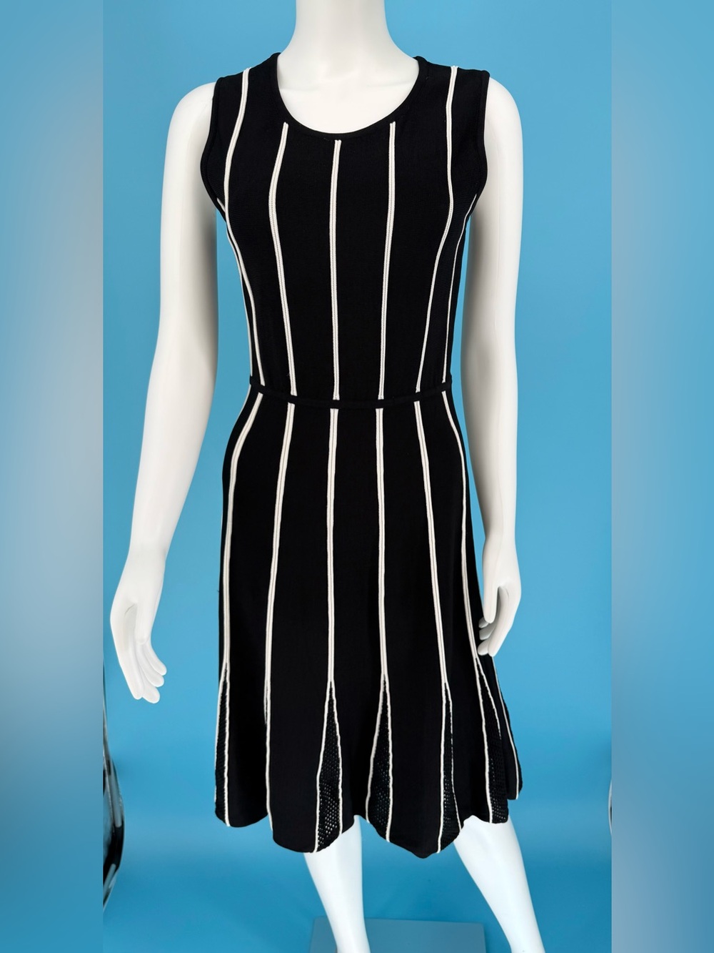 Calvin Klein Black Knit Dress with White Vertical Stripes (Size S)